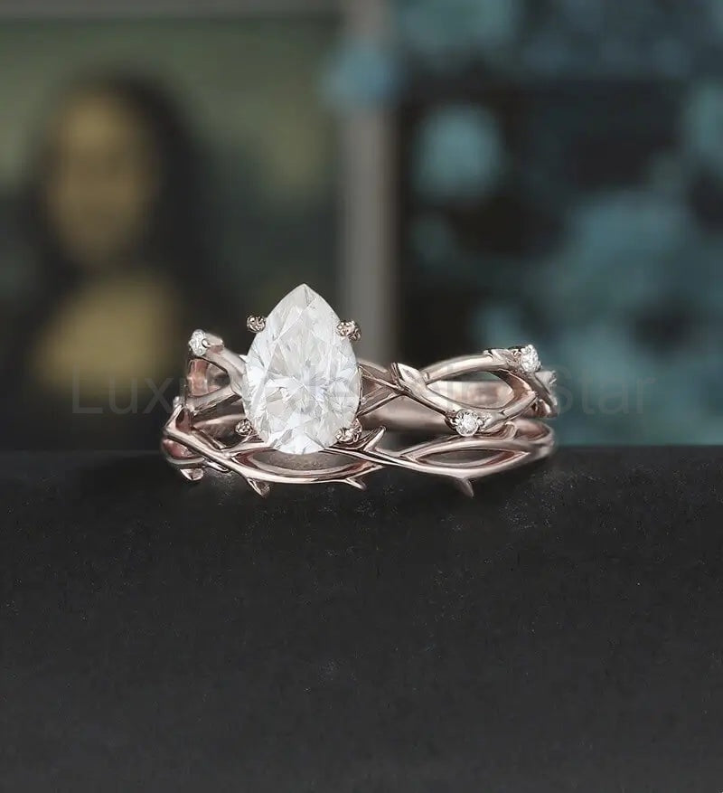 Pear shaped Moissanite Engagement Ring Solid Gold Nature Inspired Diamond Wedding Ring - image 3