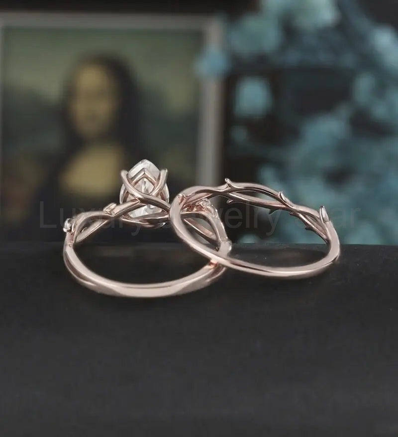 Pear shaped Moissanite Engagement Ring Solid Gold Nature Inspired Diamond Wedding Ring - image 4