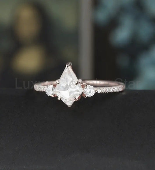 Kite Cut Moissanite Engagement Ring Solid Gold Round Cut Diamond Wedding Ring Unique - image 2