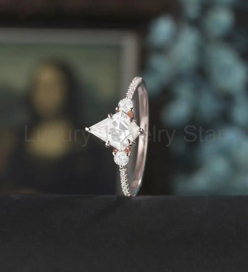 Kite Cut Moissanite Engagement Ring Solid Gold Round Cut Diamond Wedding Ring Unique - image 4