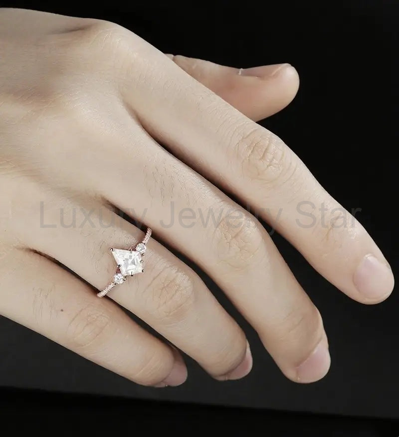 Kite Cut Moissanite Engagement Ring Solid Gold Round Cut Diamond Wedding Ring Unique - image 5