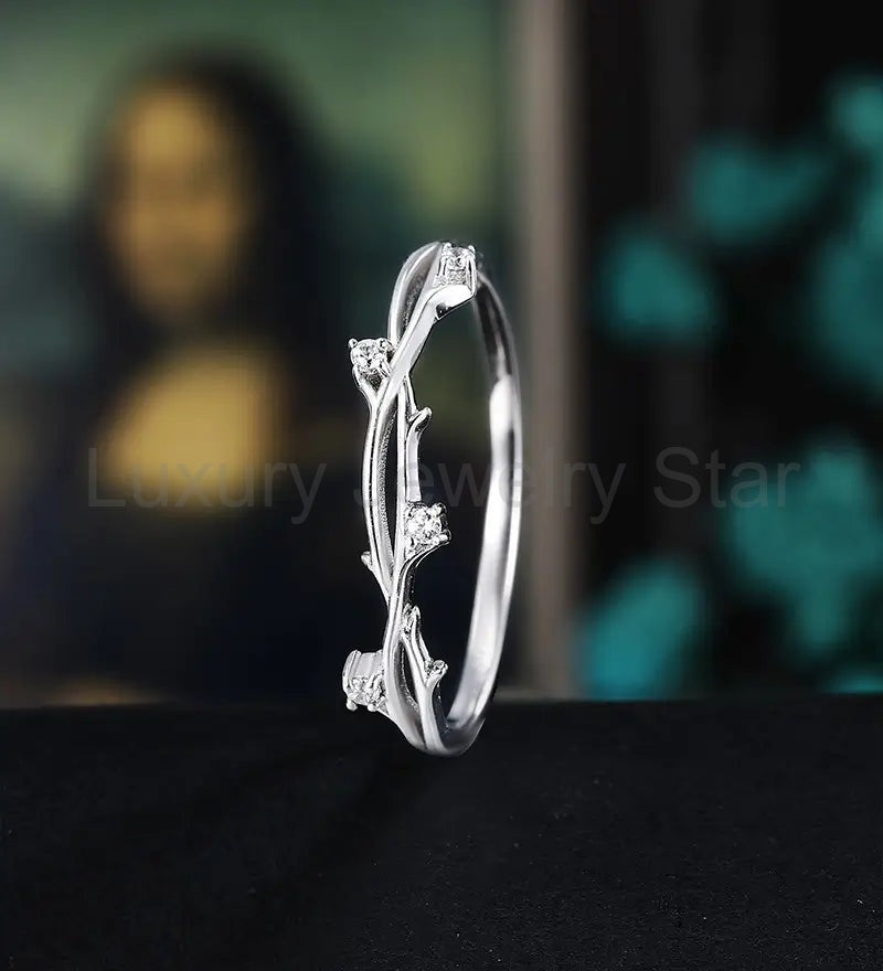 Solid Gold Moissanite Wedding Band Half Eternity Diamond Branch Twig White Gold Wedding Ring Unique