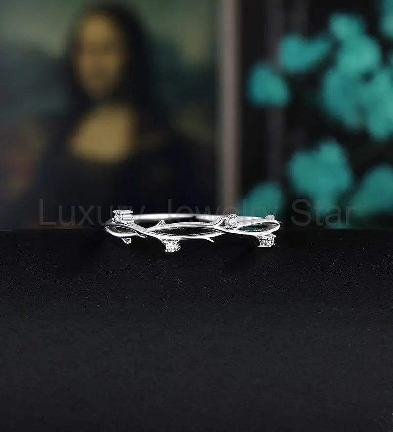 Solid Gold Moissanite Wedding Band Half Eternity Diamond Branch Twig White Gold Wedding - image 2
