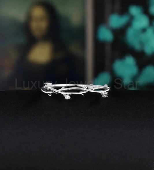 Solid Gold Moissanite Wedding Band Half Eternity Diamond Branch Twig White Gold Wedding - image 2