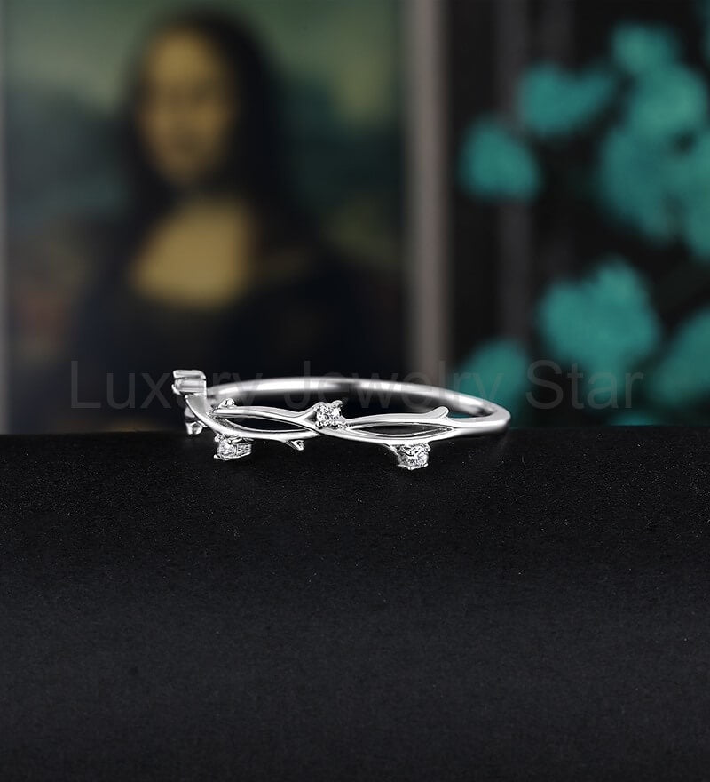 Solid Gold Moissanite Wedding Band Half Eternity Diamond Branch Twig White Gold Wedding - image 3