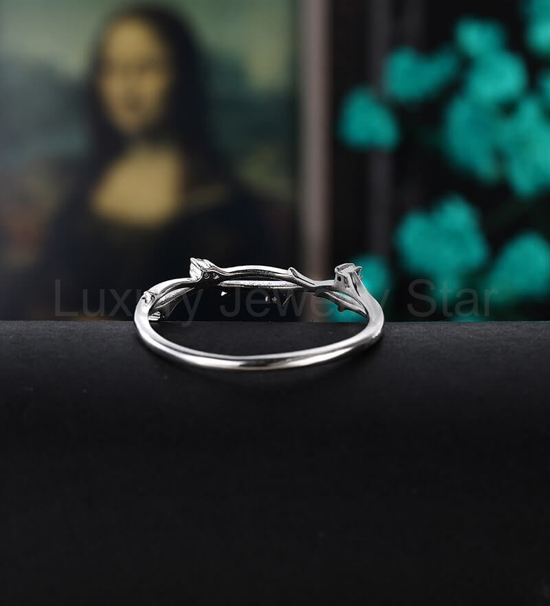 Solid Gold Moissanite Wedding Band Half Eternity Diamond Branch Twig White Gold Wedding - image 4