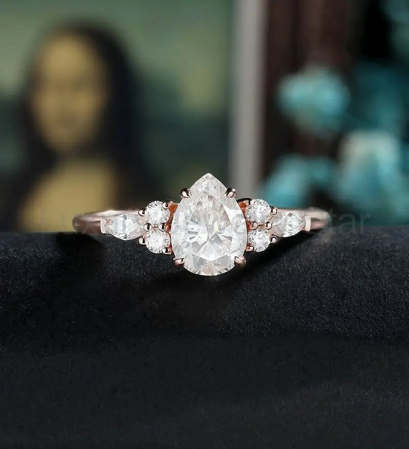 Pear Shaped Moissanite Engagement Ring Rose Gold Marquise Cut Diamond Wedding Ring Unique Prong Set