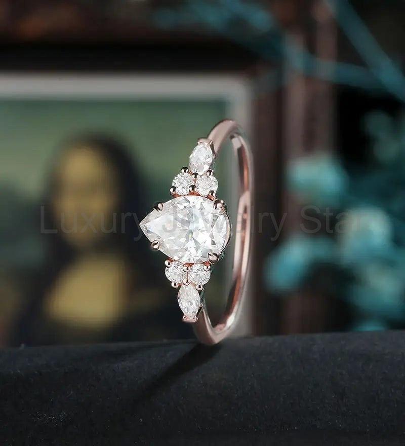 Pear Shaped Moissanite Engagement Ring Rose Gold Marquise Cut Diamond Wedding Ring Unique - image 4