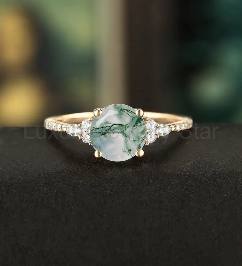 7mm Round Cut Moss Agate Engagement Ring Vintage Marquise Cut Moissanite Rose Gold Ring Ring Promise