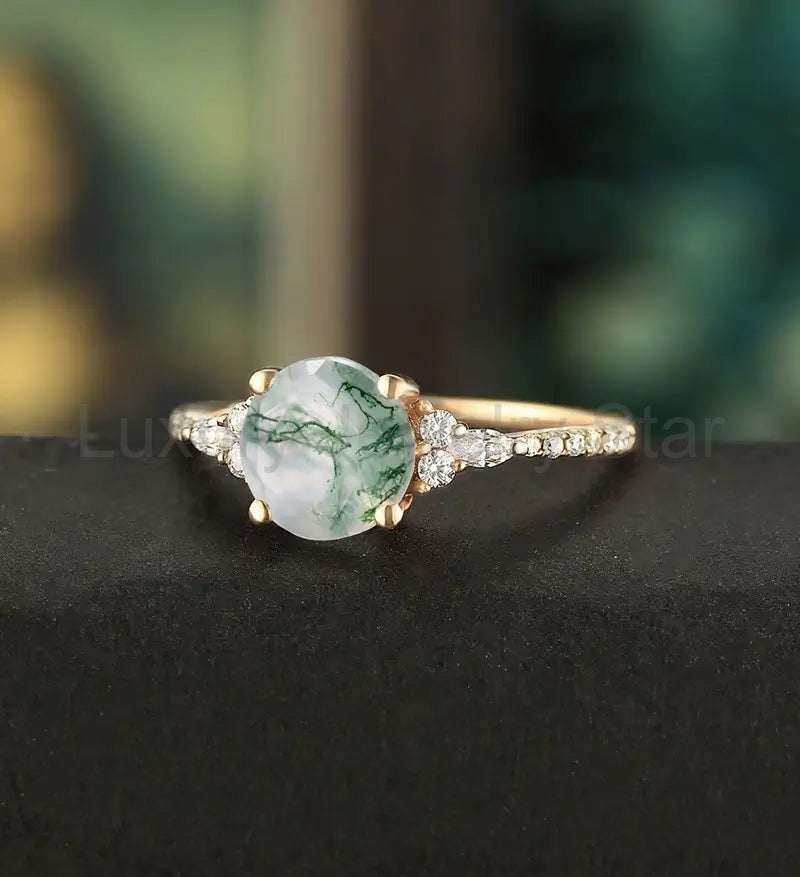 7mm Round Cut Moss Agate Engagement Ring Vintage Marquise Cut Moissanite Rose Gold Ring - image 2