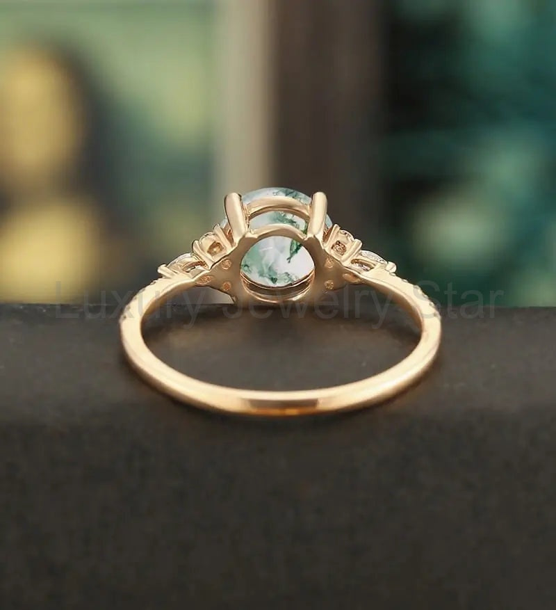 7mm Round Cut Moss Agate Engagement Ring Vintage Marquise Cut Moissanite Rose Gold Ring - image 3