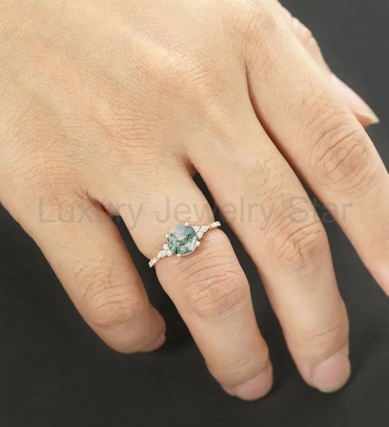 7mm Round Cut Moss Agate Engagement Ring Vintage Marquise Cut Moissanite Rose Gold Ring - image 5