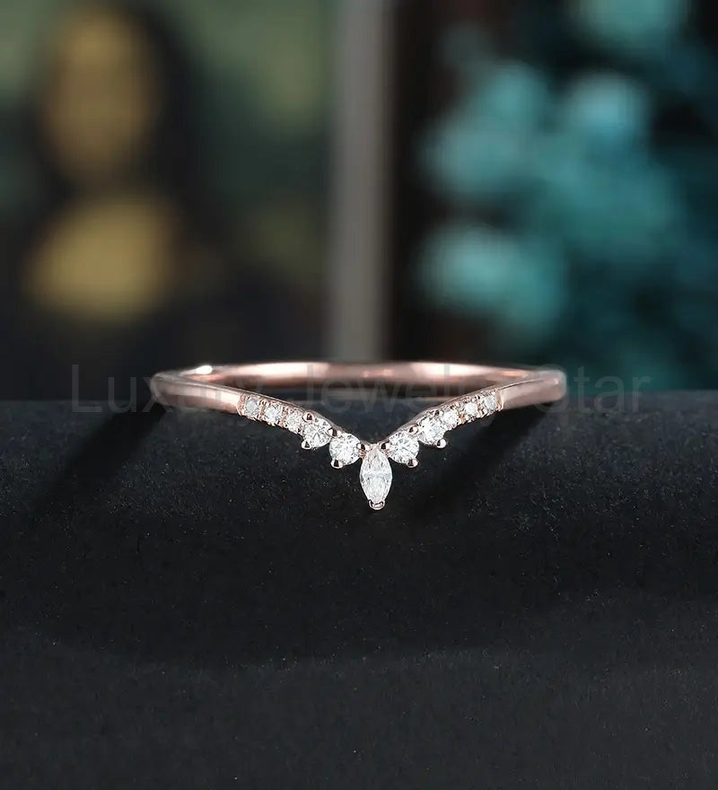 Marquise Cut Moissanite Wedding Band Half Eternity Diamond Rose Gold Wedding Ring Unique Promise