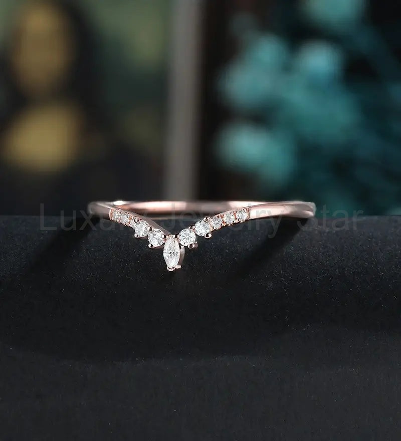 Marquise Cut Moissanite Wedding Band Half Eternity Diamond Rose Gold Wedding Ring Unique - image 2
