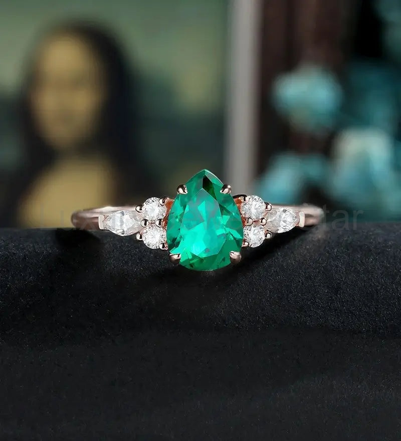 Pear Shaped Lab Emerald Engagement Ring White Gold Marquise Cut Moissanite Ring Unique Prong Set