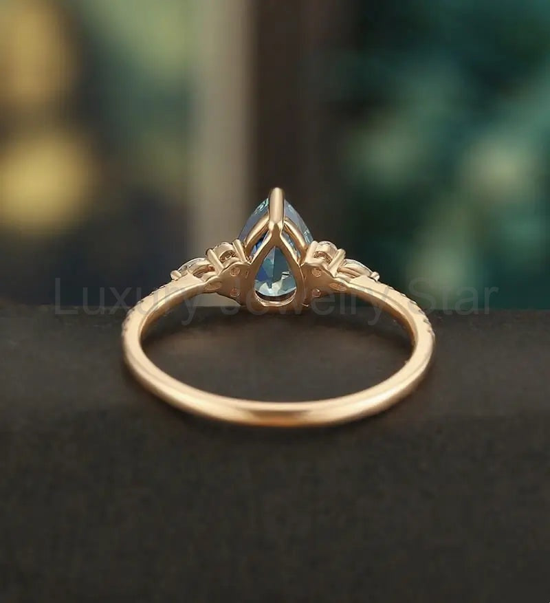 Teal Sapphire Engagement Ring Vintage Solid Gild Ring Pear Shaped Anniversary Ring Vintage - image 3