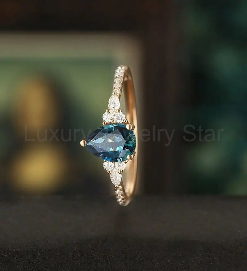 Teal Sapphire Engagement Ring Vintage Solid Gild Ring Pear Shaped Anniversary Ring Vintage - image 4