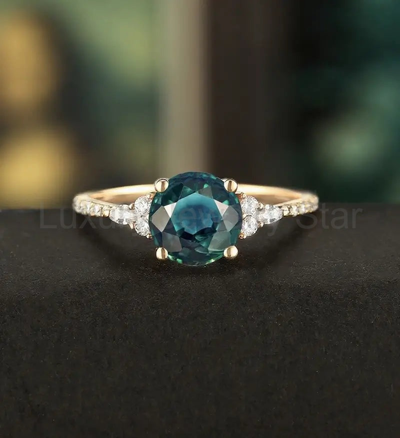 7mm Round Cut Teal Sapphire Ring Vintage Rose Gold Engagement Ring Marquise Cut Moissanite Ring