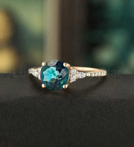 7mm Round Cut Teal Sapphire Ring Vintage Rose Gold Engagement Ring Marquise Cut Moissanite - image 2