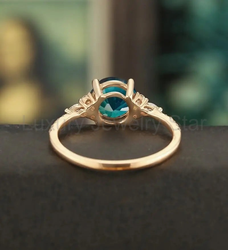 7mm Round Cut Teal Sapphire Ring Vintage Rose Gold Engagement Ring Marquise Cut Moissanite - image 3