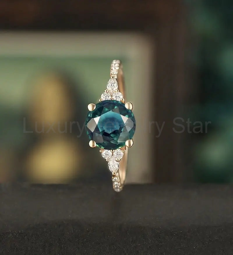 7mm Round Cut Teal Sapphire Ring Vintage Rose Gold Engagement Ring Marquise Cut Moissanite - image 4