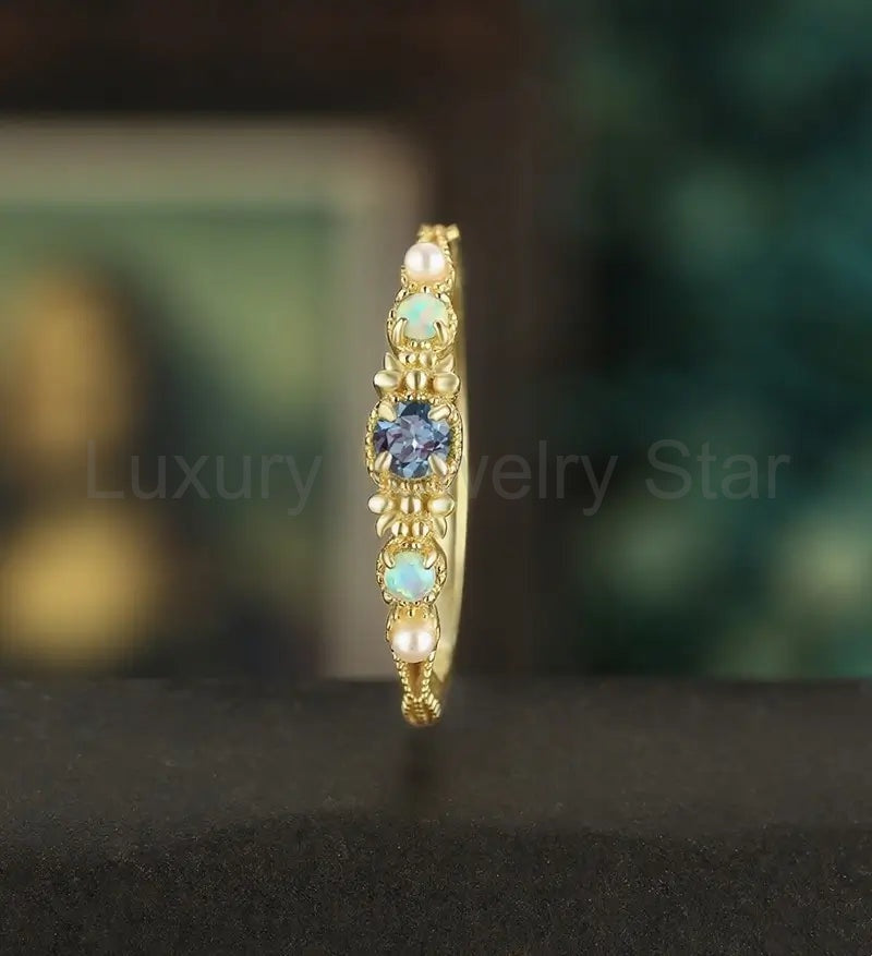 3MM Round Alexandrite Engagement Ring Vintage Solid Gild Opal Ring Pearl Anniversary Vintage Ring