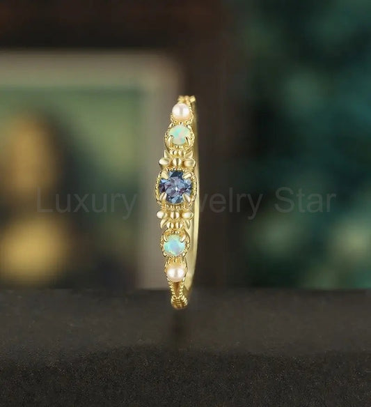 3MM Round Alexandrite Engagement Ring Vintage Solid Gild Opal Ring Pearl Anniversary Vintage Ring