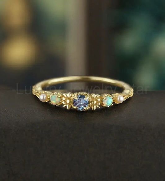 3MM Round Alexandrite Engagement Ring Vintage Solid Gild Opal Ring Pearl Anniversary - image 2