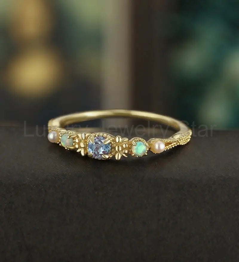 3MM Round Alexandrite Engagement Ring Vintage Solid Gild Opal Ring Pearl Anniversary - image 3