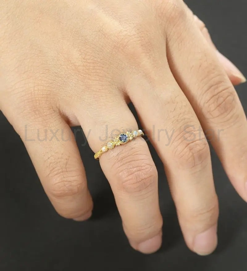 3MM Round Alexandrite Engagement Ring Vintage Solid Gild Opal Ring Pearl Anniversary - image 5