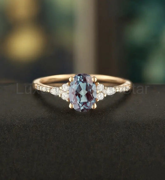 Oval Cut Lab Alexandrite Ring Vintage Rose Gold Engagement Ring Unique Marquise Cut Moissanite Ring