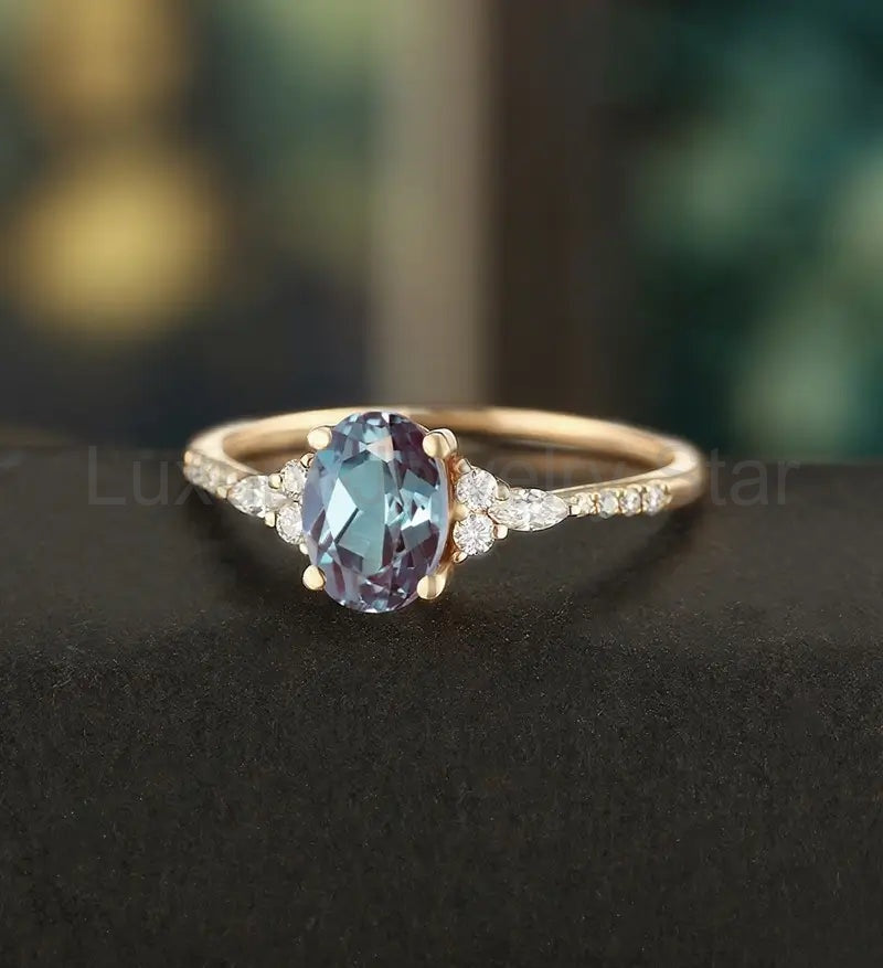 Oval Cut Lab Alexandrite Ring Vintage Rose Gold Engagement Ring Unique Marquise Cut - image 2