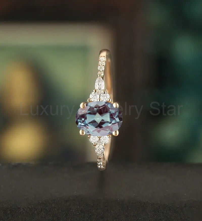 Oval Cut Lab Alexandrite Ring Vintage Rose Gold Engagement Ring Unique Marquise Cut - image 4