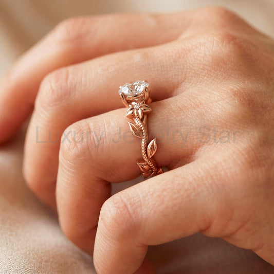 Nature Inspired Diamond Engagement Ring 2 Carat Round Diamond Flower Ring