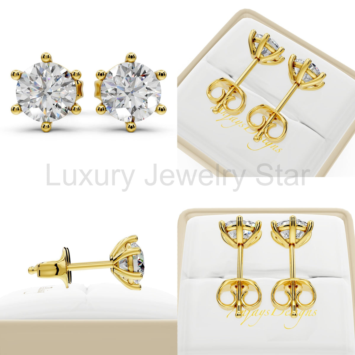 Lab Grown Diamond Stud Earrings 14k Solid Gold 6 Prong Diamond Earrings Women VS1 Clarity - image 6