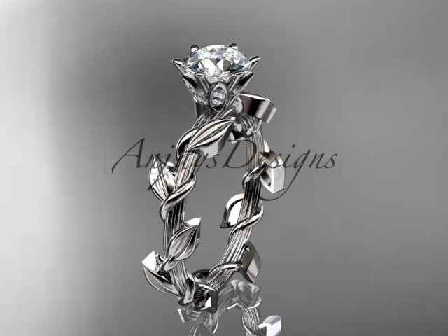 1 Carat Round Lab Grown Diamond Leaf and Vine Engagement Ring Unique Nature Inspired Diamond Ring