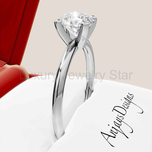 1 Carat Round Lab Grown Diamond Engagement Ring Minimalist Solitaire 4 Prongs Dainty Wedding Ring
