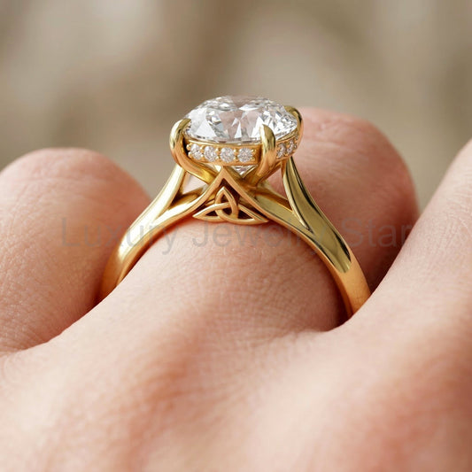 Celtic Diamond Engagement Ring 3 Carat Oval Lab Grown Diamond Hidden Halo Wedding Ring
