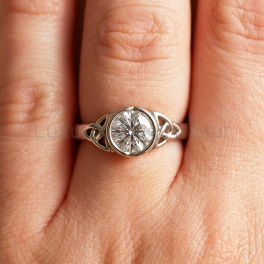 Celtic Trinity Knot Engagement Ring Bezel Set 1 Carat Diamond Engagement Ring Round Cut