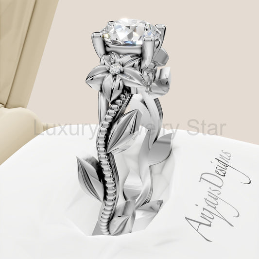 1 Carat Round Diamond Flower Engagement Ring Lab Grown Diamond Floral Ring Nature Inspired