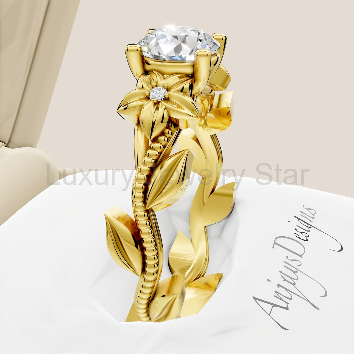 1 Carat Round Diamond Flower Engagement Ring Lab Grown Diamond Floral Ring Nature Inspired - image 6