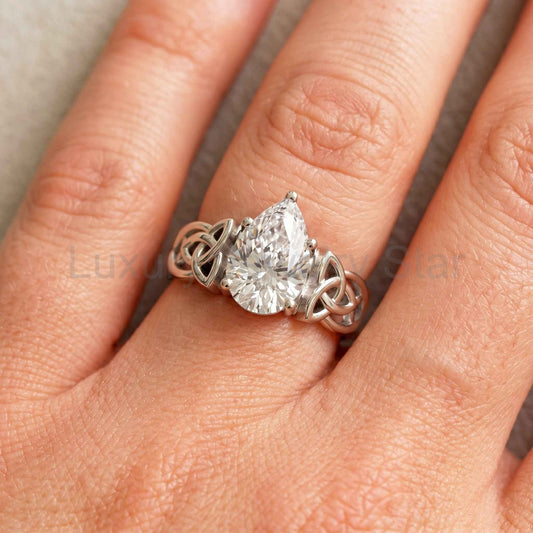 Celtic Engagement Ring 2 Carat Pear Cut Lab Grown Diamond Solitaire Ring