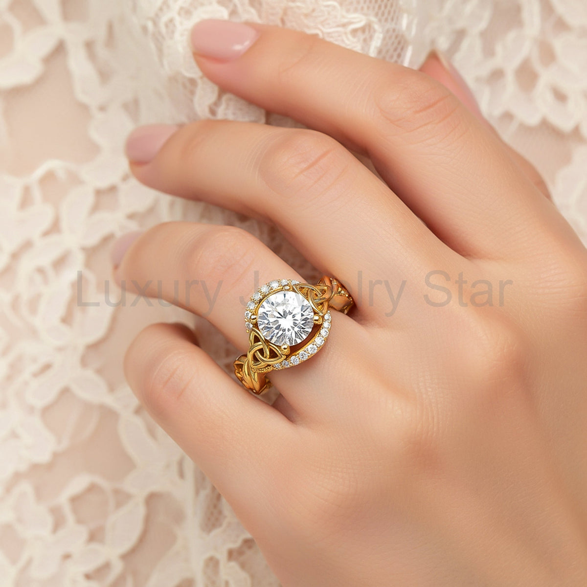 Celtic Engagement Ring 2 Carat Round Lab Grown Diamond Trinity Knot Wedding Ring Nature - image 10