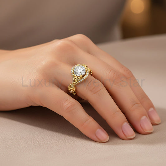 Celtic Engagement Ring 2 Carat Round Lab Grown Diamond Trinity Knot Wedding Ring Nature Inspired