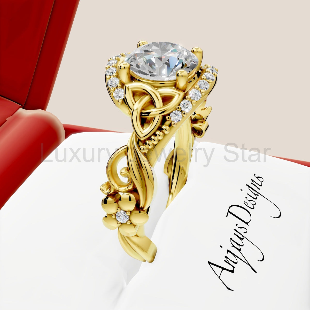 Celtic Engagement Ring 2 Carat Round Lab Grown Diamond Trinity Knot Wedding Ring Nature - image 2