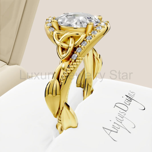 Celtic Engagement Ring 2 Carat IGI Certified Lab Grown Oval Cut Diamond Halo Engagement Ring Nature Inspired