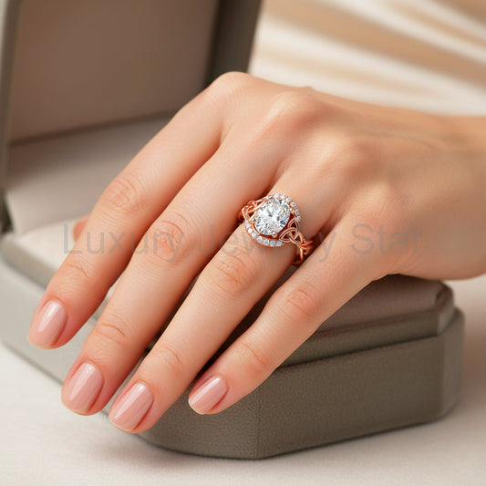 Celtic Engagement Ring 1 Carat Oval Lab Grown Diamond Wedding Ring Nature Inspired