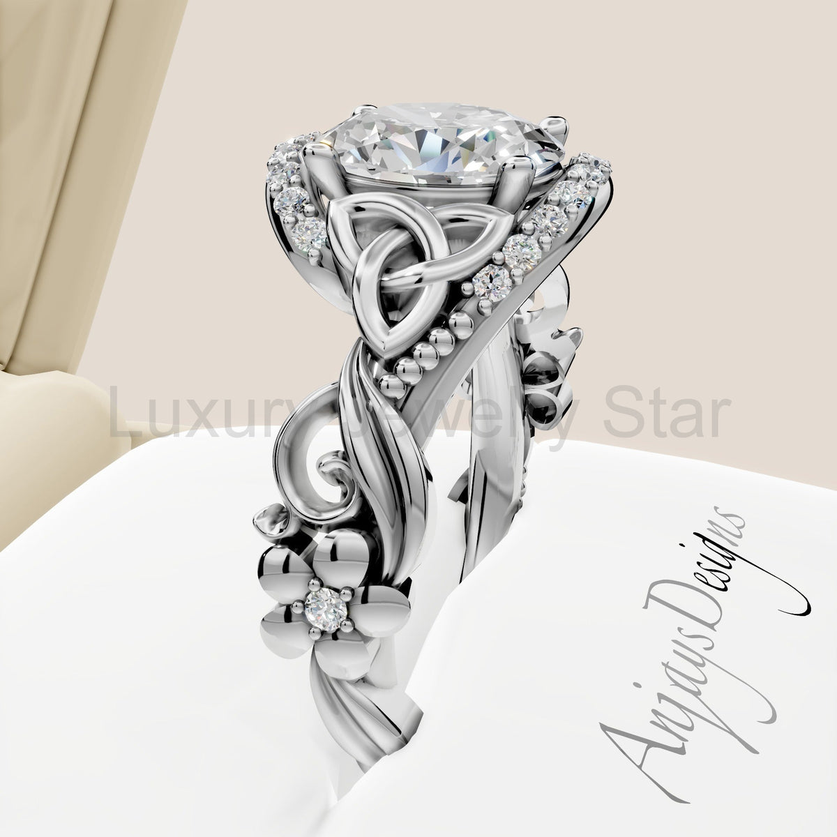 Celtic Engagement Ring 1 Carat Oval Lab Grown Diamond Wedding Ring Nature Inspired - image 6