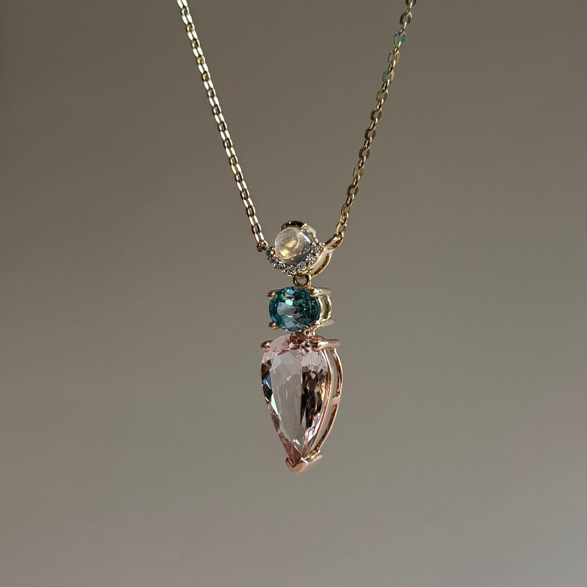 Morganite, Swiss Blue Topaz and Moonstone Necklace | 14K Yellow and  Rose Gold | 18" Chain