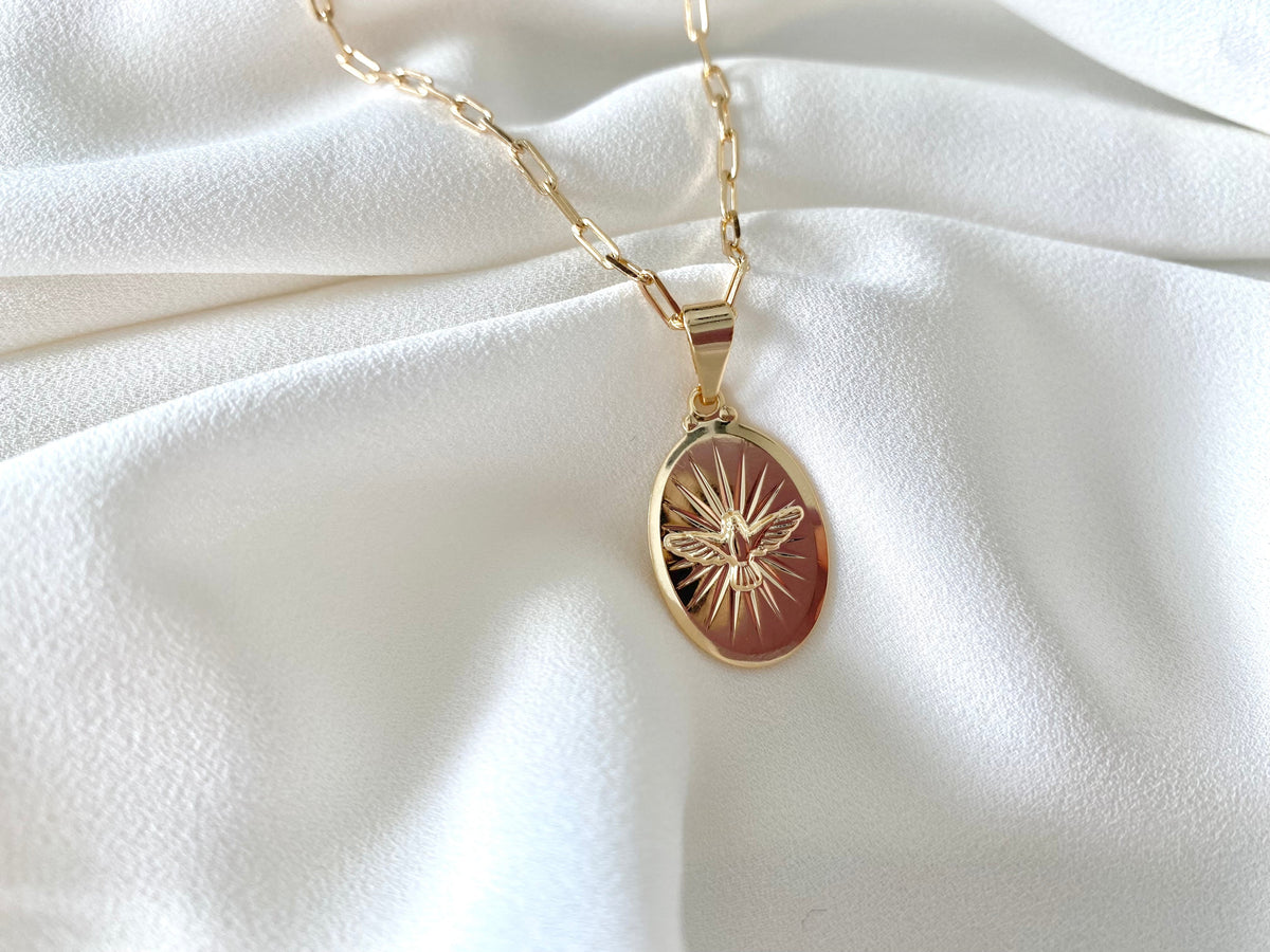 Etched Bird Necklace Gold Filled Dove Pendant Necklace Shiny Gold Oval Charm Necklace Sparrow Pendant Minimalist Jewelry Christmas Gift Idea